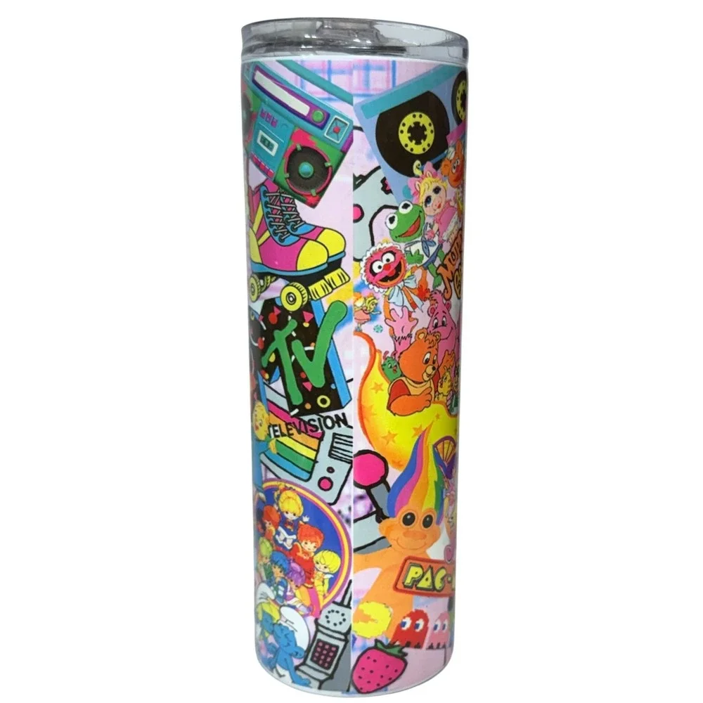 80s Pop Culture Tumbler 20oz Retro Collage Skinny Cup With Lid & Straw
